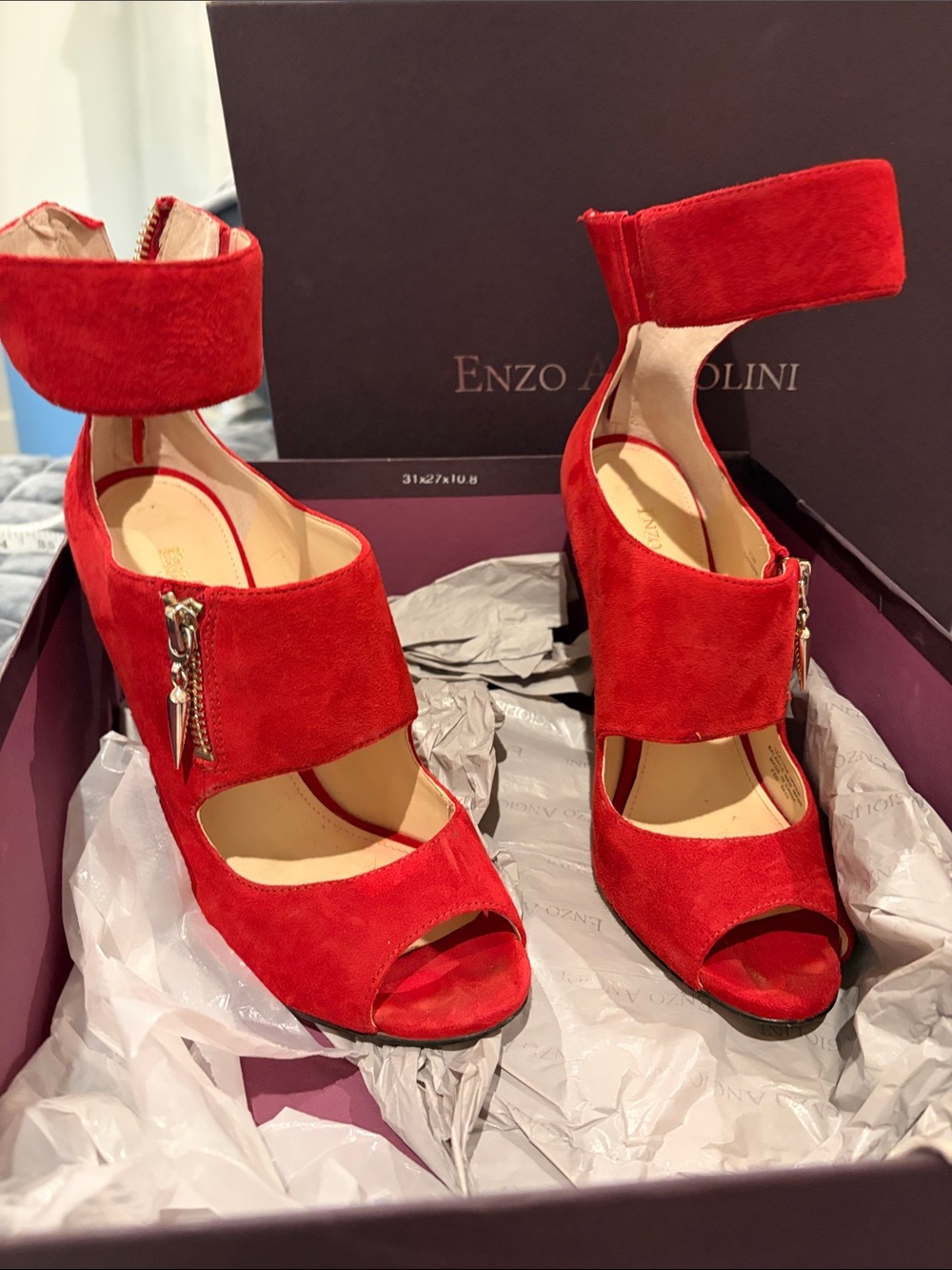 Enzo Angiolini Red Suede Peep-Toe Ankle Strap Heels